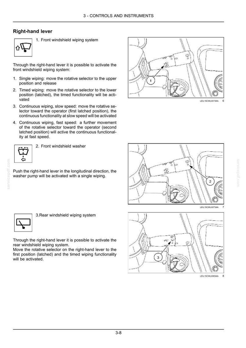 May include: Diagram of a right-hand lever with numbered instructions for controlling a vehicle's windshield wipers and washer. Includes illustrations of the front windshield wiping system, front windshield washer, and rear windshield wiping system.