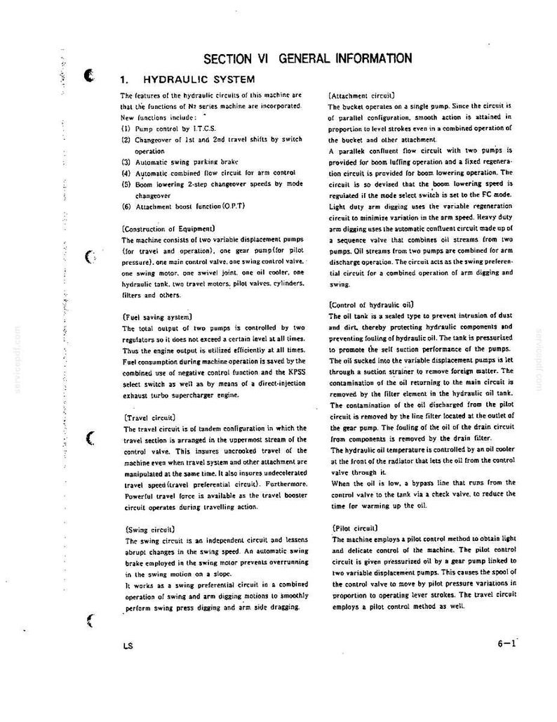 May include: A technical document page titled SECTION VI GENERAL INFORMATION, detailing the hydraulic system of an N2 series machine. It includes sections on pump control, fuel saving, travel, swing, attachment, and pilot circuits in black text.
