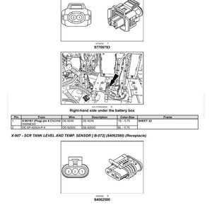 May include: Diagram of electrical connectors and wiring, including X-906 and X-907 SCR temperature and tank level sensors. The image includes detailed views of the connectors and a wiring diagram with pin and wire information.