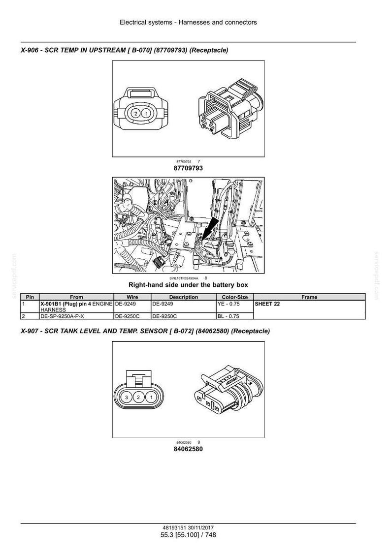 May include: Diagram of electrical connectors and wiring, including X-906 and X-907 SCR temperature and tank level sensors. The image includes detailed views of the connectors and a wiring diagram with pin and wire information.