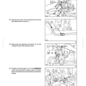 May include: Diagrams illustrating mechanical procedures, including unscrewing bolts, removing brackets, and disconnecting pipes and electrical connections. The image includes numbered components and text instructions for automotive repair.