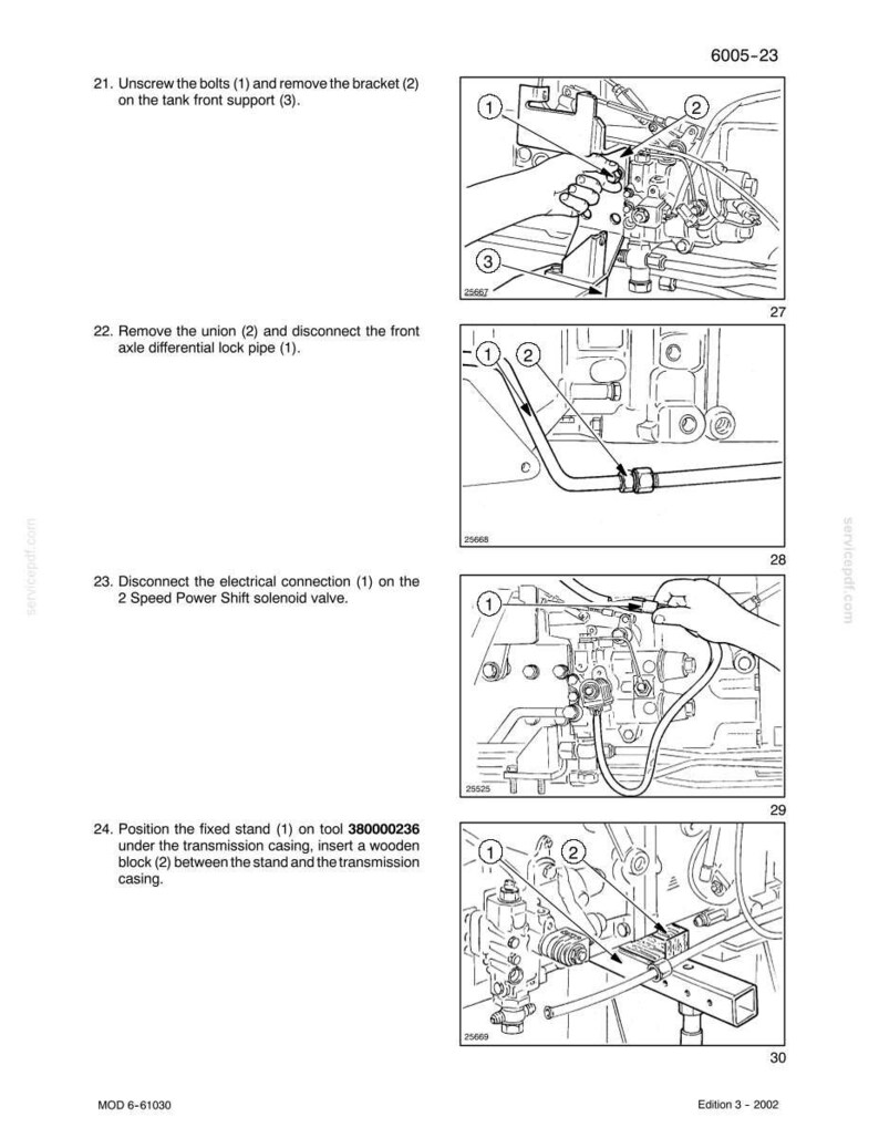 May include: Diagrams illustrating mechanical procedures, including unscrewing bolts, removing brackets, and disconnecting pipes and electrical connections. The image includes numbered components and text instructions for automotive repair.