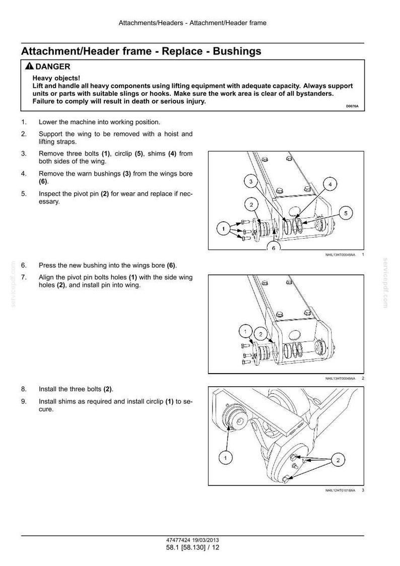 May include: Diagram of an attachment/header frame with instructions for replacing bushings. The image includes numbered steps, diagrams, and warnings about heavy objects and potential injury. The text includes the date 19/03/2013 and the dimensions 58.1 inches.