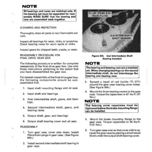 May include: A technical manual page for a DROTT crawler undercarriage. The page includes diagrams, notes, and instructions for cleaning, inspection, and reassembly of the final drive gear box. Text includes torque specifications in lbs-ft.