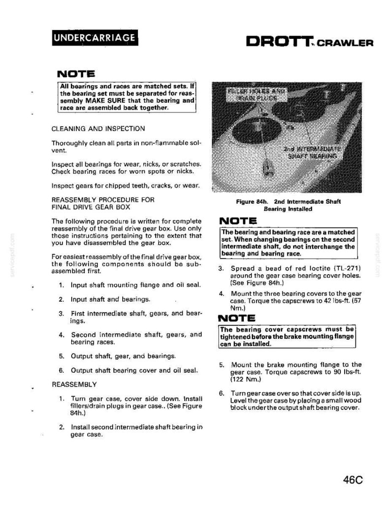 May include: A technical manual page for a DROTT crawler undercarriage. The page includes diagrams, notes, and instructions for cleaning, inspection, and reassembly of the final drive gear box. Text includes torque specifications in lbs-ft.