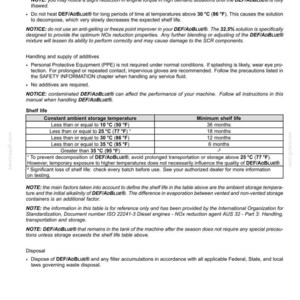 Op de afbeelding: Een technische documentpagina getiteld 7-MAINTENANCE met details over behandeling bij koud weer, gebruik van additieven en houdbaarheid van DEF/AdBlue. Het bevat een tabel met constante opslagtemperaturen in Celsius en Fahrenheit met bijbehorende houdbaarheid.