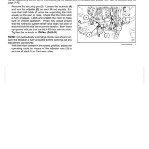 May include: A technical manual page titled 7-MAINTENANCE featuring instructions for adjusting an automatic pickup hitch. It includes a black and white line drawing of mechanical components labeled 1 through 4, with text detailing lift rod adjustments and a torque specification of 100 Nm (74 lb ft).