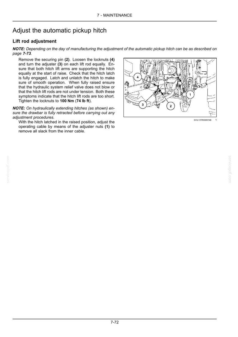 May include: A technical manual page titled 7-MAINTENANCE featuring instructions for adjusting an automatic pickup hitch. It includes a black and white line drawing of mechanical components labeled 1 through 4, with text detailing lift rod adjustments and a torque specification of 100 Nm (74 lb ft).