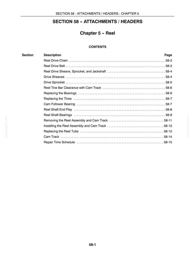 May include: A technical document page titled Section 58 - Attachments / Headers - Chapter 5 - Reel. The content lists sections including Reel Drive Chain, Reel Drive Belt, Drive Sprocket, Reel Tine Bar Clearance, and Repair Time Schedule with page numbers.