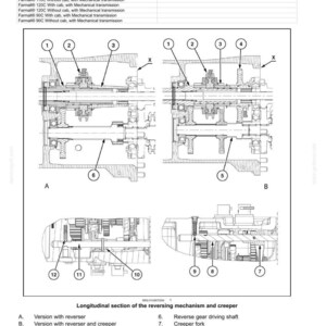 May include: Diagram of a mechanical transmission reverser, with sectional and longitudinal views. Labeled components include drive shafts, reverse gear driving shafts, and creeper forks. Text includes "Transmission - Reverser".