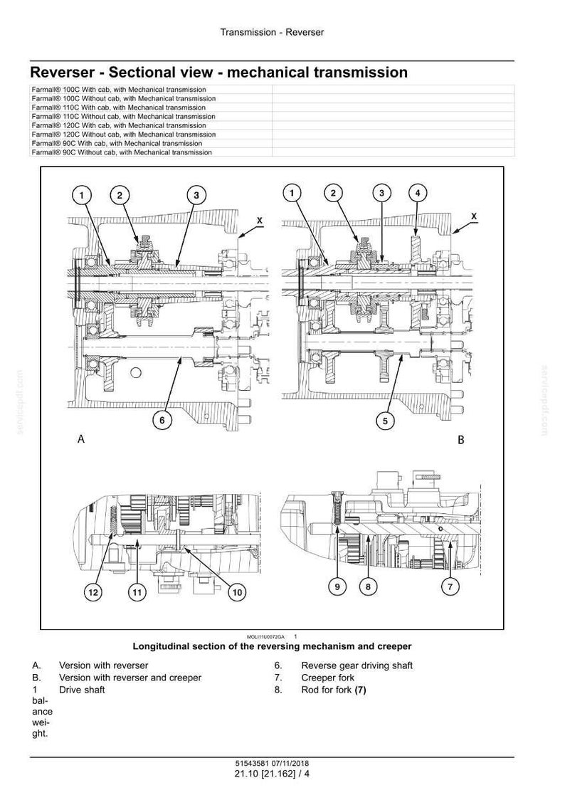 May include: Diagram of a mechanical transmission reverser, with sectional and longitudinal views. Labeled components include drive shafts, reverse gear driving shafts, and creeper forks. Text includes "Transmission - Reverser".