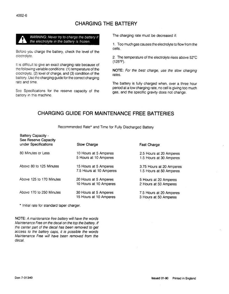 May include: A printed page with text detailing battery charging instructions. Includes warnings about frozen electrolytes and a charging guide for maintenance-free batteries, with slow and fast charge times and amperage.