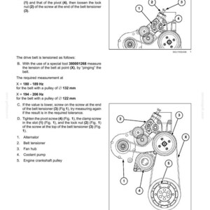 May include: Technical diagram illustrating an alternator and its components, including the belt tensioner, fan hub, and coolant pump. Instructions detail belt tension adjustment for NEF engines, with measurements in Hz and pulley sizes in mm.