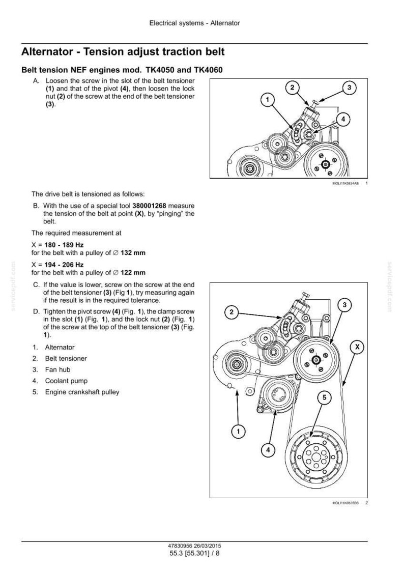 May include: Technical diagram illustrating an alternator and its components, including the belt tensioner, fan hub, and coolant pump. Instructions detail belt tension adjustment for NEF engines, with measurements in Hz and pulley sizes in mm.