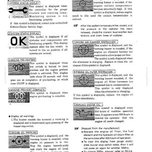 May include: A technical manual page featuring nine numbered black and white icons representing machine status and warning symbols, including system status, engine pre-heating, oil pressure, coolant temperature, and air cleaner or oil filter restrictions.