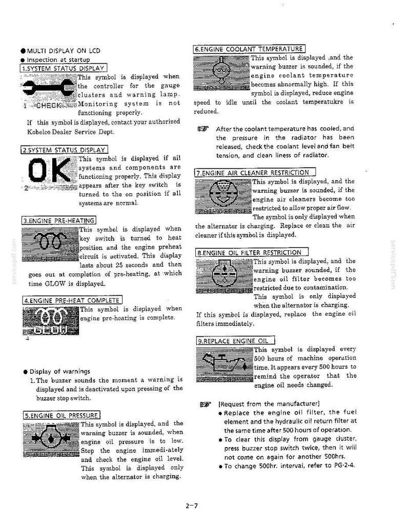 May include: A technical manual page featuring nine numbered black and white icons representing machine status and warning symbols, including system status, engine pre-heating, oil pressure, coolant temperature, and air cleaner or oil filter restrictions.