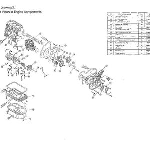 May include: A technical line drawing titled Attached Drawing 2. Exploded Views of Engine Components, displaying various mechanical parts of an engine in an exploded view format, accompanied by a numbered reference table listing engine components.