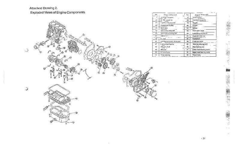 May include: A technical line drawing titled Attached Drawing 2. Exploded Views of Engine Components, displaying various mechanical parts of an engine in an exploded view format, accompanied by a numbered reference table listing engine components.