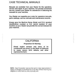 Op de afbeelding: Een witte pagina met de tekst "CASE TECHNICAL MANUALS". De tekst beschrijft hoe u handleidingen kunt verkrijgen voor de bediening, het onderhoud en de reparatie van machines. Een waarschuwing van California Proposition 65 is ook opgenomen.