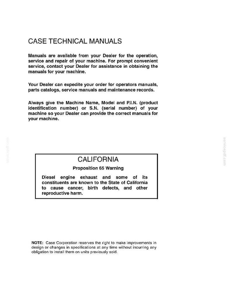 Op de afbeelding: Een witte pagina met de tekst "CASE TECHNICAL MANUALS". De tekst beschrijft hoe u handleidingen kunt verkrijgen voor de bediening, het onderhoud en de reparatie van machines. Een waarschuwing van California Proposition 65 is ook opgenomen.