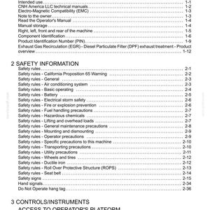 May include: A white document titled "Contents" with a detailed table of contents. Sections include General Information, Safety Information, and Controls/Instruments. The document is a manual for a machine.