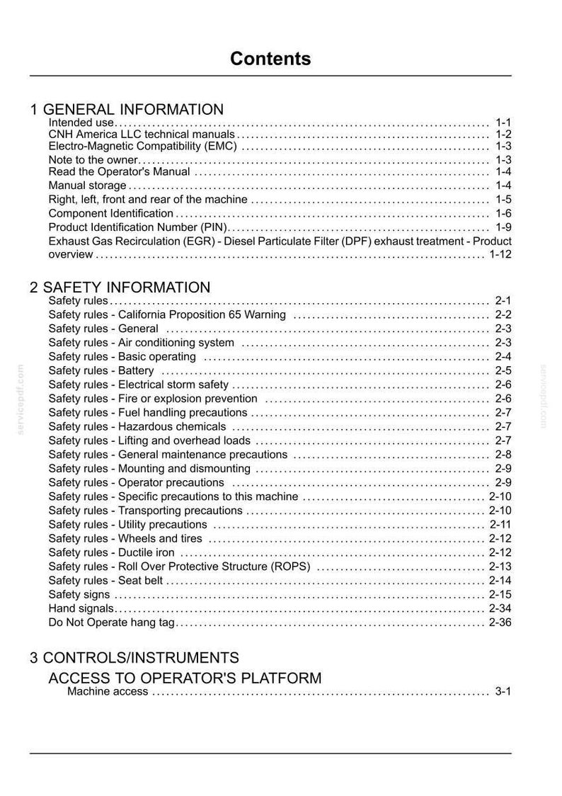 May include: A white document titled "Contents" with a detailed table of contents. Sections include General Information, Safety Information, and Controls/Instruments. The document is a manual for a machine.