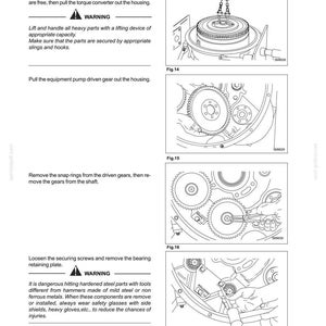 May include: Diagram of a transmission assembly with detailed illustrations of gears, torque converter, and related components. Includes warnings about handling heavy parts and safety precautions for removing steel parts.