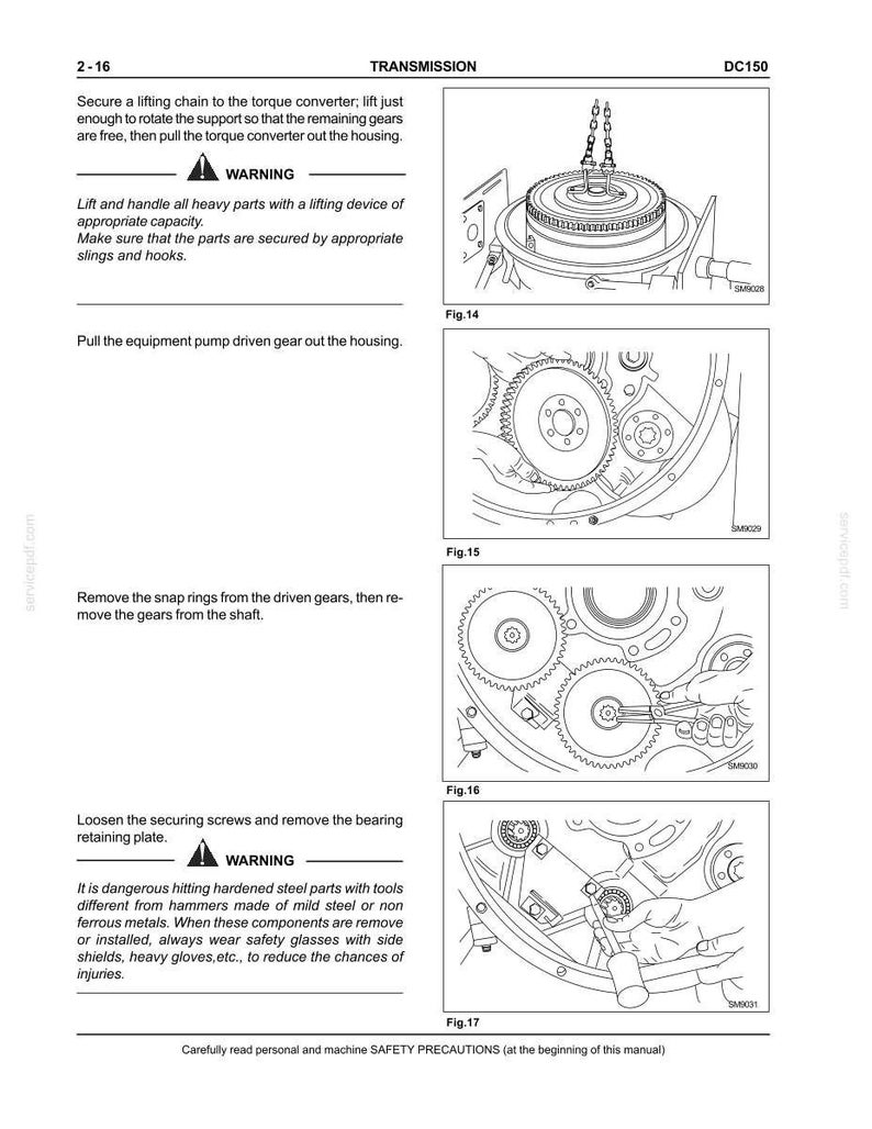 May include: Diagram of a transmission assembly with detailed illustrations of gears, torque converter, and related components. Includes warnings about handling heavy parts and safety precautions for removing steel parts.