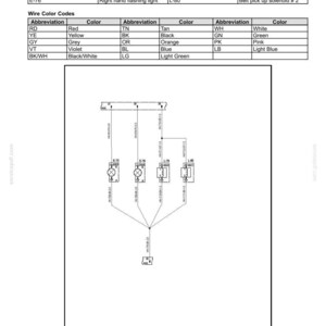 May include: An electrical schematic sheet detailing wiring harnesses and wire colour codes. The diagram includes components such as left and right hand flashing lights, and belt pick up solenoids. The sheet also lists wire colour abbreviations and their corresponding colours.