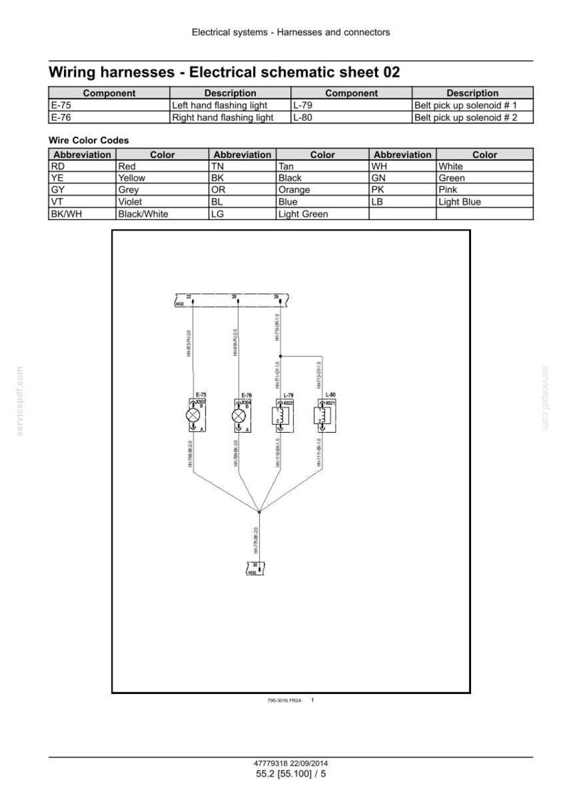 May include: An electrical schematic sheet detailing wiring harnesses and wire colour codes. The diagram includes components such as left and right hand flashing lights, and belt pick up solenoids. The sheet also lists wire colour abbreviations and their corresponding colours.