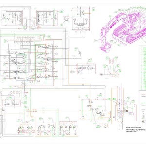 Puede incluir: Un diagrama esquem&aacute;tico detallado de los sistemas hidr&aacute;ulicos y el&eacute;ctricos de una excavadora 9007B. El diagrama es complejo, con numerosas l&iacute;neas, s&iacute;mbolos y etiquetas en varios colores, incluyendo verde, rojo y azul. Tambi&eacute;n se incluye una representaci&oacute;n 3D de la excavadora.