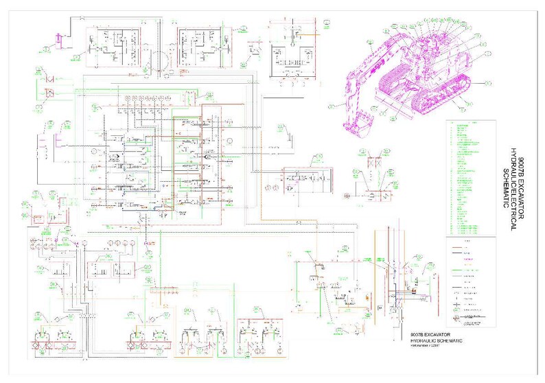 Puede incluir: Un diagrama esquem&aacute;tico detallado de los sistemas hidr&aacute;ulicos y el&eacute;ctricos de una excavadora 9007B. El diagrama es complejo, con numerosas l&iacute;neas, s&iacute;mbolos y etiquetas en varios colores, incluyendo verde, rojo y azul. Tambi&eacute;n se incluye una representaci&oacute;n 3D de la excavadora.