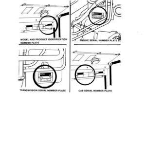 May include: Diagram of a machine with four circled areas highlighting serial number plates. The labels read: Model and Product Identification Number Plate, Engine Serial Number Plate, Transmission Serial Number Plate, and Cab Serial Number Plate.