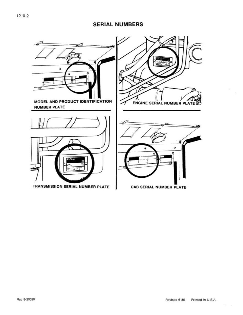 May include: Diagram of a machine with four circled areas highlighting serial number plates. The labels read: Model and Product Identification Number Plate, Engine Serial Number Plate, Transmission Serial Number Plate, and Cab Serial Number Plate.
