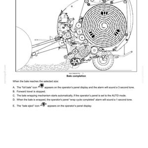 May include: Detailed diagram of a machine for bale formation, with text indicating bale completion stages. The image shows the internal mechanisms of the machine, including rollers, gears, and a wheel. Text includes instructions for the operator.