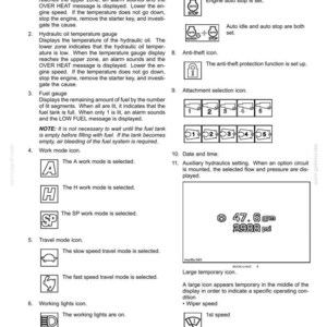 K&ouml;nnte beinhalten: Eine Seite aus einem Handbuch mit Fahrzeugbedienelementen und -instrumenten. Es enth&auml;lt Symbole f&uuml;r K&uuml;hlmitteltemperatur, Tankanzeige, Arbeitsmodi, Fahrmodi und Arbeitsleuchten. Text erkl&auml;rt jede Funktion.
