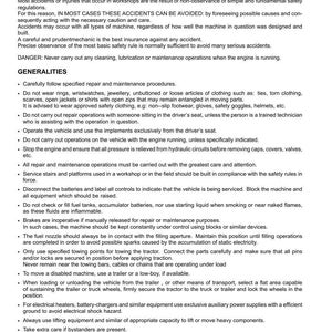 Puede incluir: Documento blanco con reglas de seguridad para el funcionamiento de maquinaria. Incluye secciones sobre prevenci&oacute;n de accidentes y pautas generales, con advertencias e instrucciones claras.