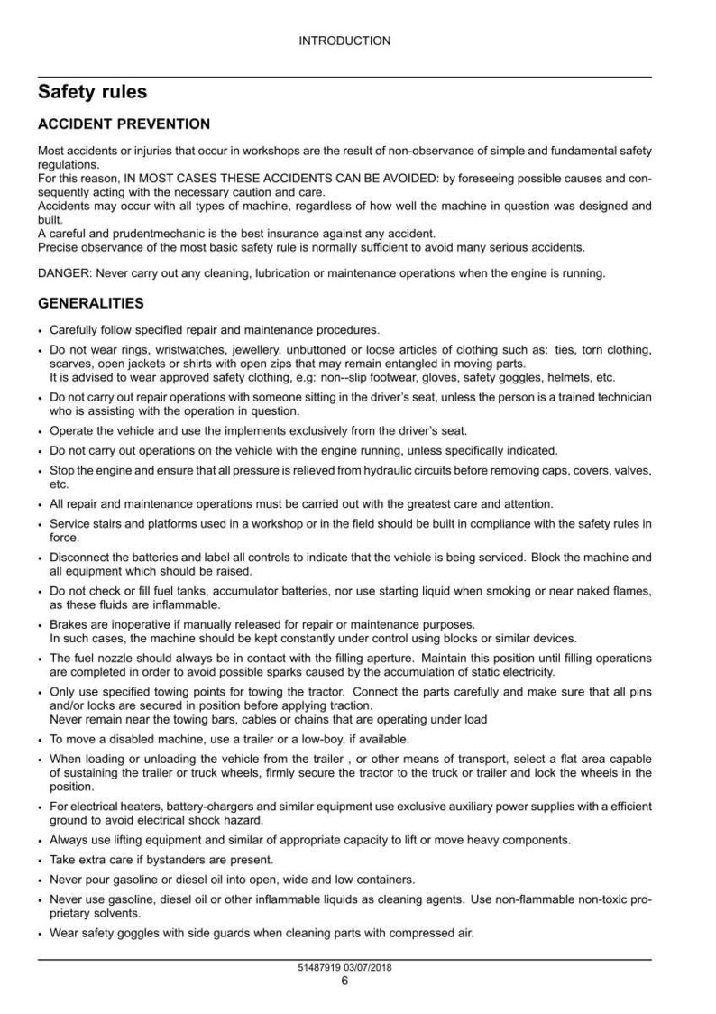 Puede incluir: Documento blanco con reglas de seguridad para el funcionamiento de maquinaria. Incluye secciones sobre prevenci&oacute;n de accidentes y pautas generales, con advertencias e instrucciones claras.
