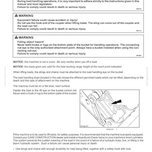 May include: A page from an operating manual with safety warnings about load handling. The text includes warnings about crushing hazards, equipment failure, and falling objects. An illustration shows a machine component with an arrow.