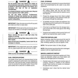 May include: A technical document page titled Section 4 - Lubrication and Maintenance, detailing tractor refuelling and fuel storage safety protocols. It includes danger warnings, fuel specifications, and maintenance checks for a 121 liter or 32 gallon tank.