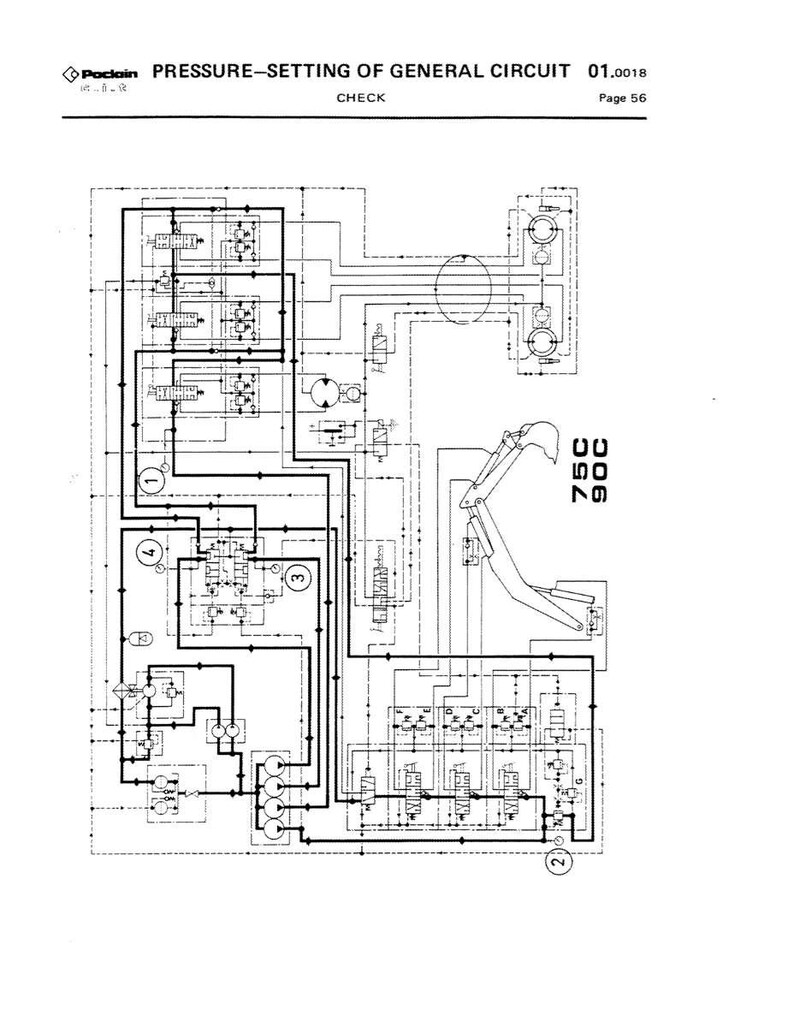 May include: A detailed technical diagram with the text "PRESSURE-SETTING OF GENERAL CIRCUIT" and "CHECK". The diagram includes various symbols, lines, and numbers, with the numbers "75C" and "90C" visible. Page 56 is indicated.