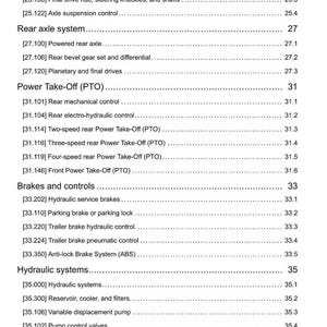May include: A detailed technical document with a table of contents. The document lists various automotive systems, including the rear axle, power take-off, brakes, and hydraulic systems. The document is dated May 23, 2013.