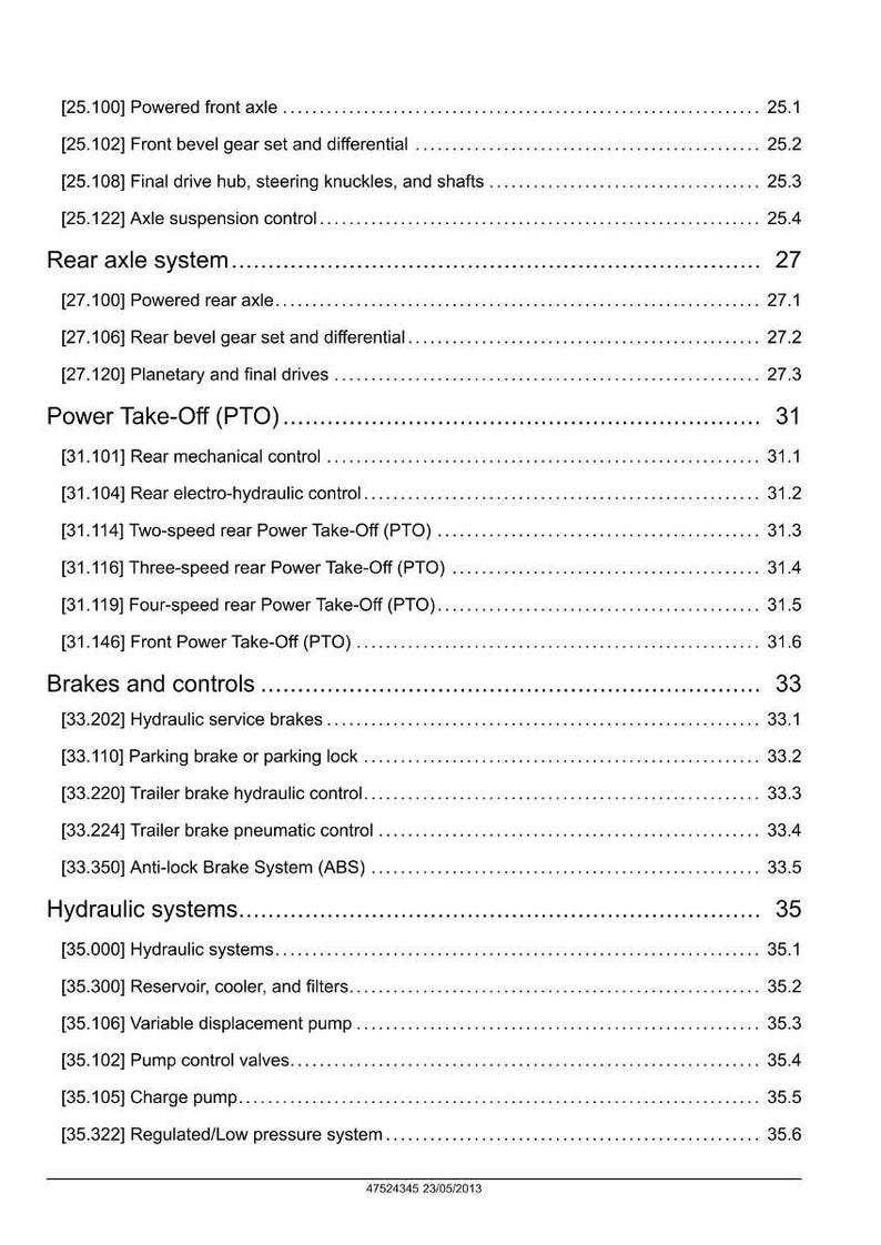 May include: A detailed technical document with a table of contents. The document lists various automotive systems, including the rear axle, power take-off, brakes, and hydraulic systems. The document is dated May 23, 2013.