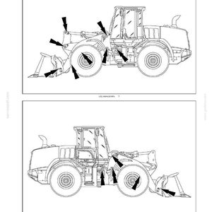 May include: Two detailed diagrams of a heavy-duty construction vehicle, likely a loader, with arrows pointing to maintenance points. The text at the top reads "7 - MAINTENANCE". The bottom of the image includes maintenance instructions.