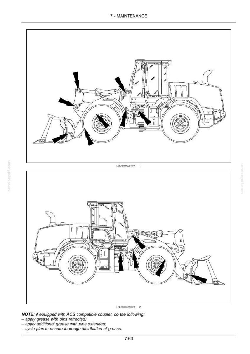 May include: Two detailed diagrams of a heavy-duty construction vehicle, likely a loader, with arrows pointing to maintenance points. The text at the top reads "7 - MAINTENANCE". The bottom of the image includes maintenance instructions.