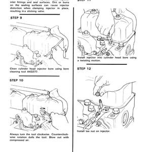 Peut inclure: Diagramme d'installation d'injecteurs, avec des instructions &eacute;tape par &eacute;tape. L'image montre des gros plans de composants de moteur, d'outils et de mains effectuant l'installation. Le texte comprend des instructions de nettoyage et d'inspection.
