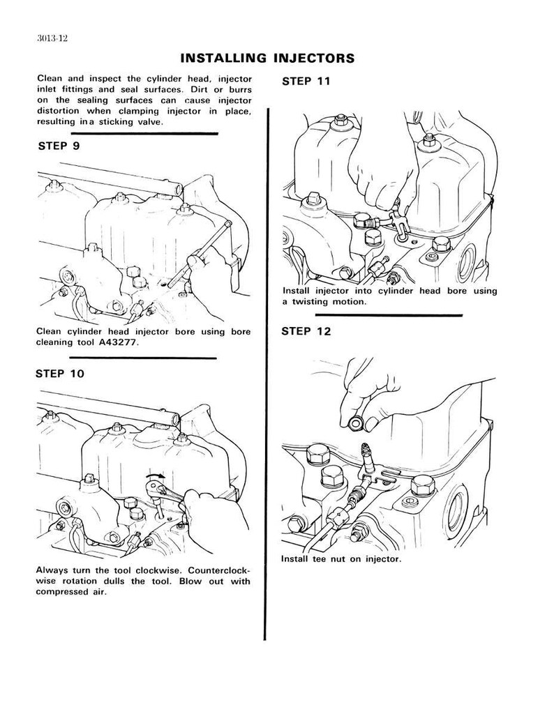 Peut inclure: Diagramme d'installation d'injecteurs, avec des instructions &eacute;tape par &eacute;tape. L'image montre des gros plans de composants de moteur, d'outils et de mains effectuant l'installation. Le texte comprend des instructions de nettoyage et d'inspection.