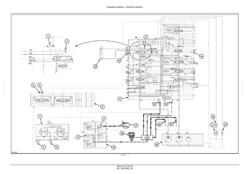 May include: A detailed schematic diagram of a hydraulic system, featuring interconnected components, lines, and numbered elements. The diagram is in black and white, with labels and annotations. The title "Hydraulic systems - Hydraulic systems" is at the top.