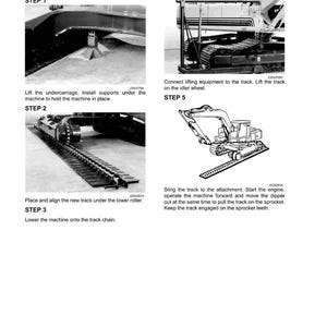 May include: Black and white diagram illustrating the installation steps for a machine's track system. The steps include lifting the undercarriage, aligning the new track, and connecting lifting equipment. Text includes "Installation" and "STEP" labels.