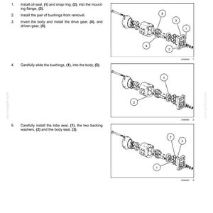 May include: Diagram of a hydraulic pump assembly with numbered components. Instructions detail the installation of oil seals, snap rings, bushings, drive gears, and seals. The image is a technical illustration for mechanical systems.